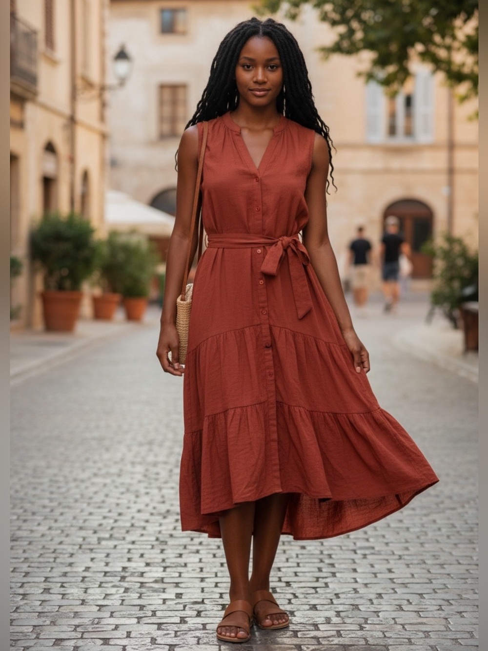 DREW “Amber” Sleeveless Button-Front High-Low Tiered Gauze Dress in Terracotta